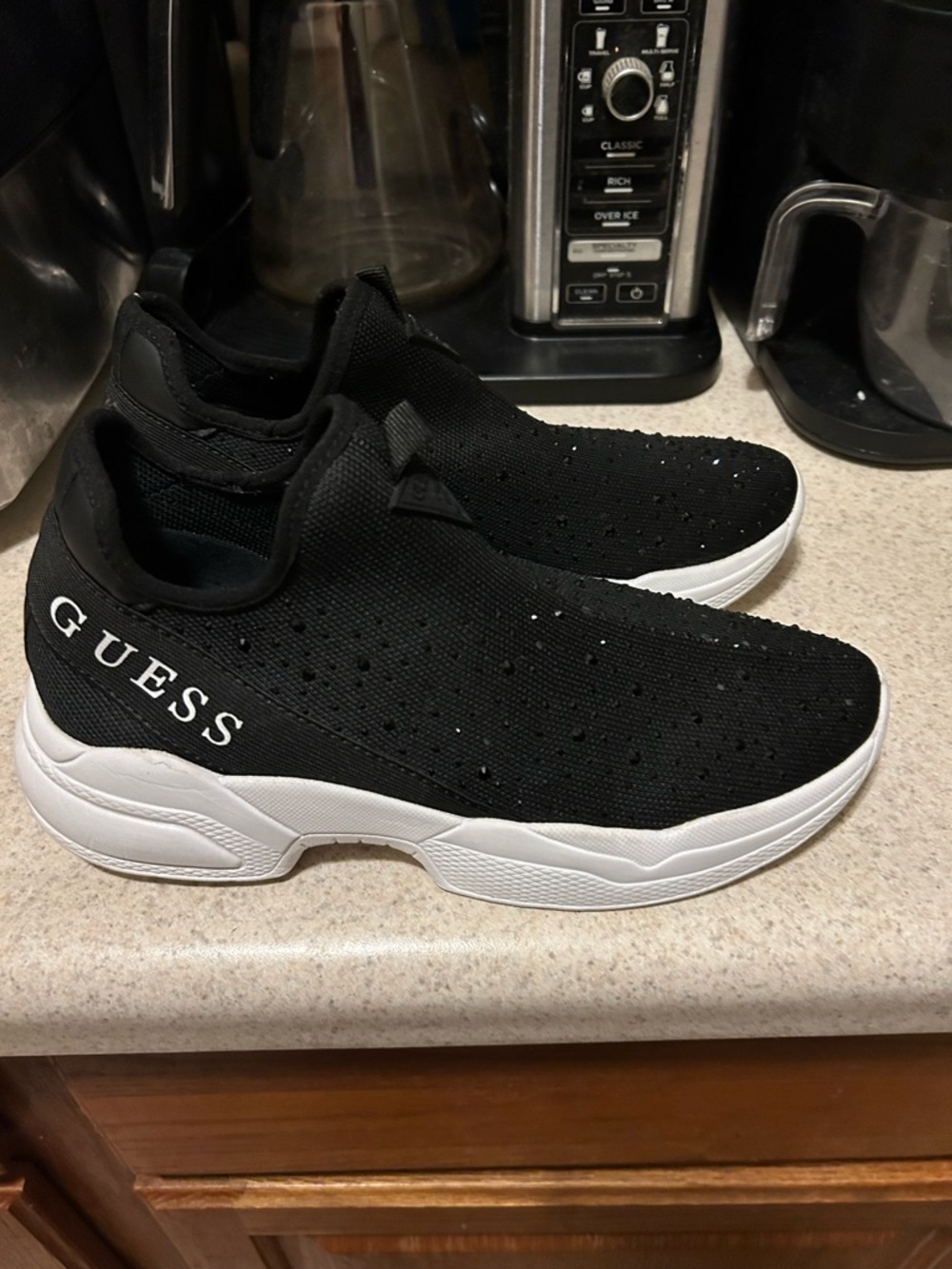 GUESS Black Knit Slip-On Sneakers with White Sole